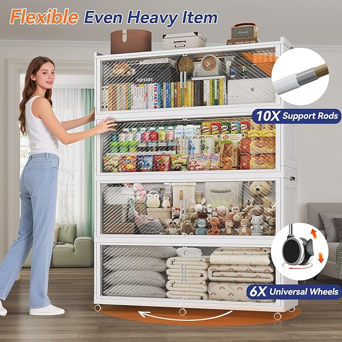 150 Gallon Extra Large Collapsible Storage Bin with Lid, 960QT Stackable Plastic Organizer with 6x Wheels, Foldable Drawer Cabinet for Closet, Living Room Office, Kitchen 3Pack, White