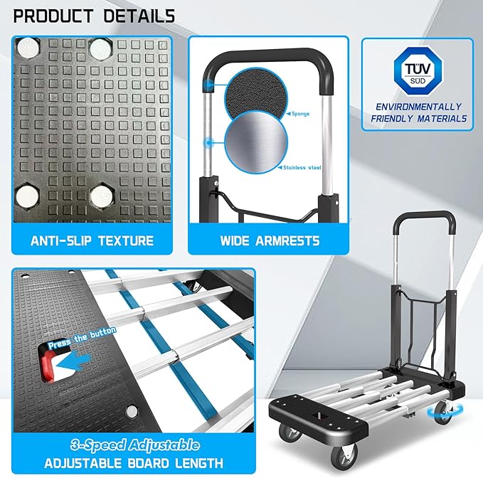 WarmyouHaul Pro Folding Hand Truck, 441LBS Capacity, Adjustable Platform (24-30") & Handle (28-35") 4" Rubber Wheels with 360° Swivel & Parking Brake, for Moving, Apartment, Warehouse, Commercial Use