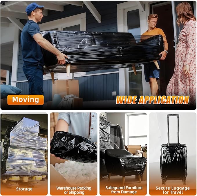 Black Stretch Film Shrink Wrap for Moving Supplies (15inch, 2 Pack) x 1000ft, Industrial Strength Plastic Wrap Stretch Roll for Pallet Wrapping Shipping Moving Boxes Storage Furniture with Handles
