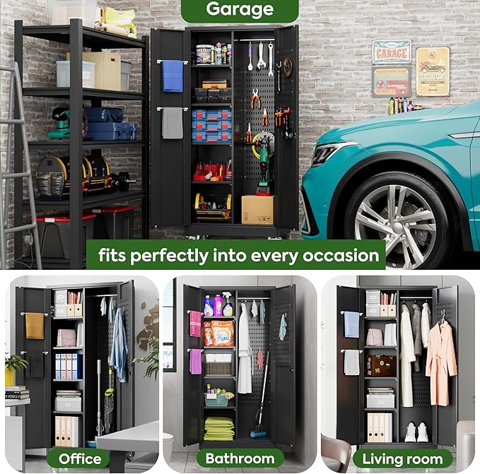 Broom Closet Storage Cabinet with Wheels and Pegboard,Metal Garage Storage Cabinet with Doors and Adjustable Shelves for Garage Home,Required Assembly,Black