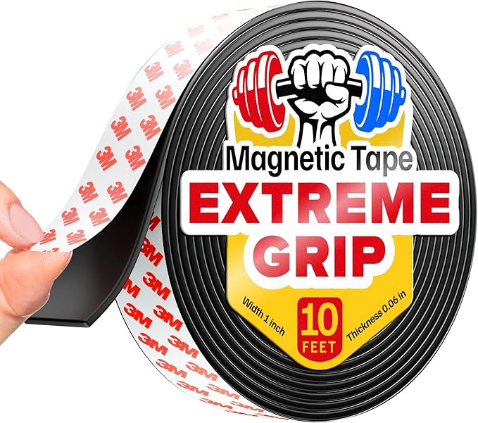 Flexible Magnetic Tape (10 feet x 1 inch) - Magnetic Strip with Strong Self Adhesive - Ideal Magnetic Roll for Craft and DIY Projects - Sticky Magnets for Fridge and Dry Erase Board