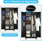 Garage Storage Cabinet with Wheels and 5 Pegboard, Metal Storage Cabinets with 2 Doors and 4 Shelves, Broom Closet Storage Cabinet with Hanging Rod and 13 Hooks, 70.87" Hx33.5 Wx17.7 D, Black