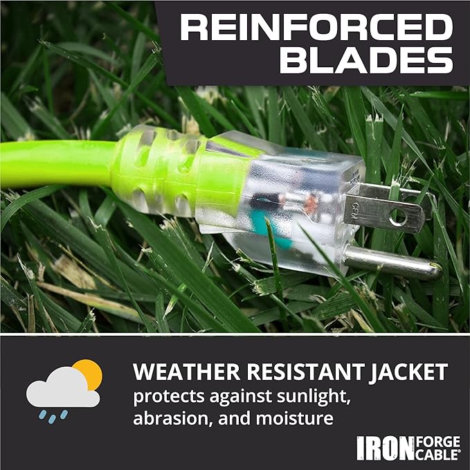 Iron Forge Cable Weatherproof 50 Ft Outdoor Extension Cord - 12/3 SJTW 15 Amp Heavy Duty Light Green High Visibility Cable with 3 Prong - Lighted End