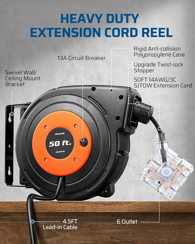 DEWENWILS 50 FT Retractable Extension Cord Reel with 6 Grounded Outlets, 14/3C SJTOW Heavy Duty Power Cord with New Twist-Lock Stopper, Lighted Triple Tap, 13A Circuit Breaker, ETL Listed