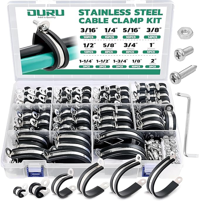 280PCS Cable Clamps with Screws Assortment Kit 304 Stainless Steel Rubber Cushioned Insulated Wire Pipe Clamps 13 Sizes—1/8" 3/16" 1/4" 5/16" 3/8" 1/2" 5/8" 3/4" 1" 1-1/4" 1-1/2" 1-3/4" 2”