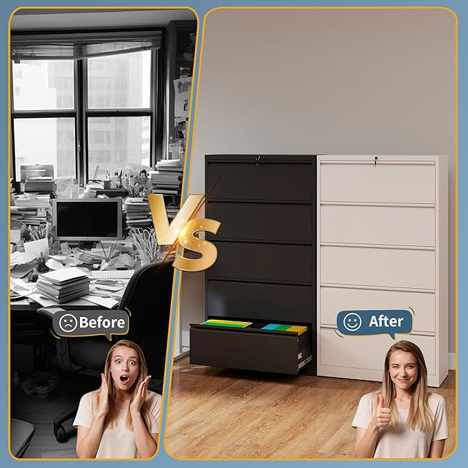 5 Drawer File Cabinet with Lock, Lateral Filing Cabinets,Metal Storage Filing Cabinets for Home Office, Heavy Duty File Cabinet for Letter/Legal/A4/F4 Size Amssebly Required, Black