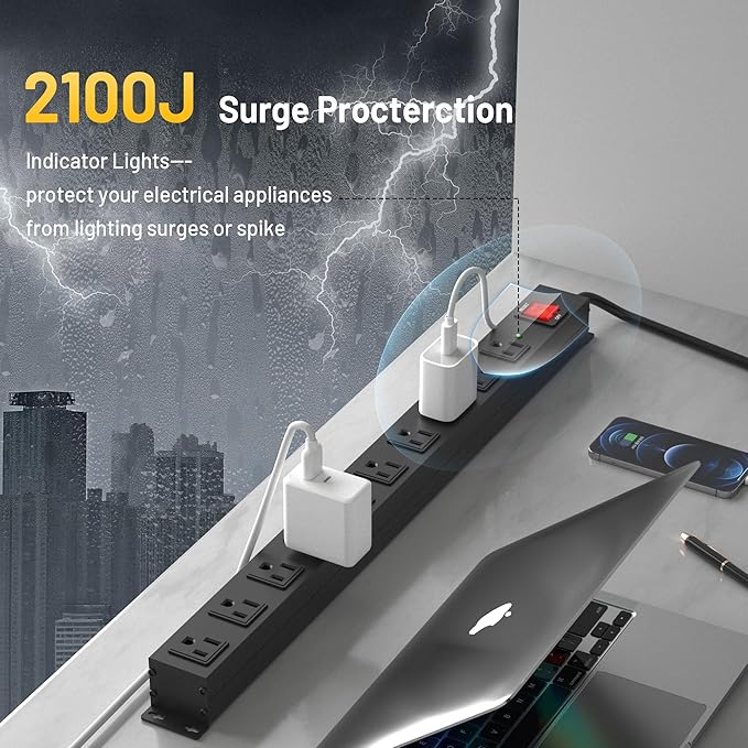 KF 10 Outlet Heavy Duty Power Strip, 2100J Surge Protector with 6FT Extension Cord, 15A/1875W Wall Mount Power Strip Design,Safety Switch,Overload Protection for Home Office Workshop - Black