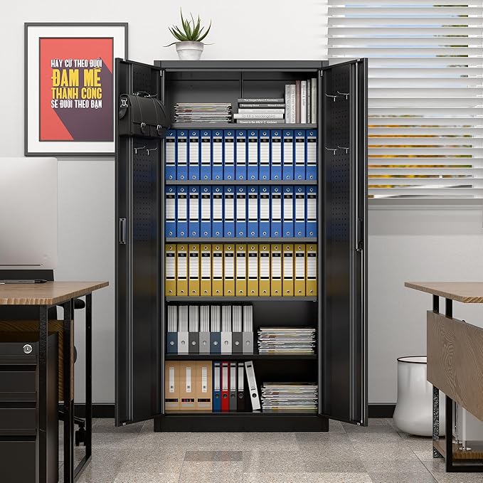 Metal Storage Cabinet with 5 Adjustable Shelves and Pegboard, 71" H×32" W×16" D Garage Storage Cabinet with Lockable Doors for Garage,Office,Home,Gym,School, Lockable File Cabinet, Black