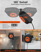 Retractable Extension Cord Reel, 50 FT Heavy Duty Power Cord, 14AWG/3C SJTOW, 3 Grounded Outlets Lighted Triple Tap, 13 Amp Circuit Breaker, UL Listed, Orange B50CR06