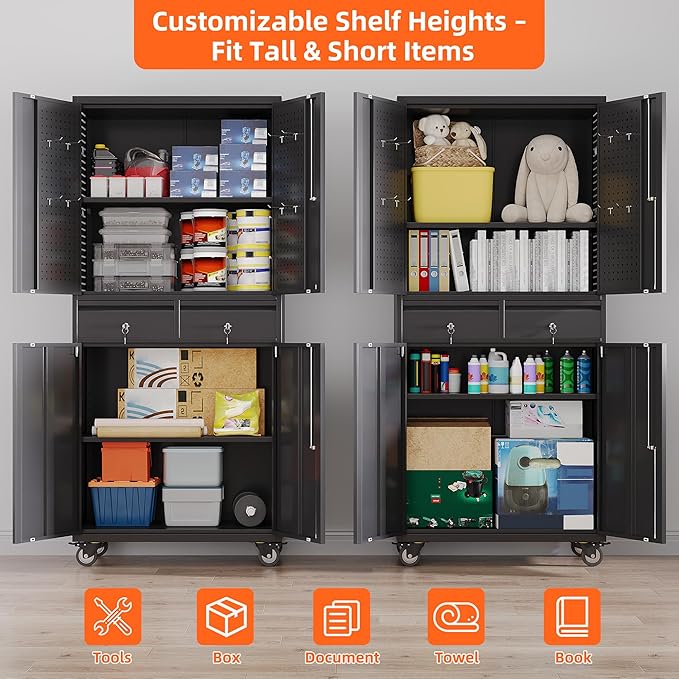 Aobabo Metal Garage Storage Cabinet with Wheels and 2 Locking Drawers, 71" H Steel Rolling Cabinet with 8 Hooks and 2 Adjustable Shelves for Home, Office, Assembly Required, Black