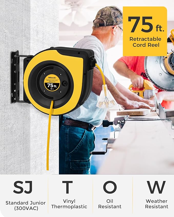 Retractable Cord Reel, 75 FT Heavy Duty Extension Cord, 14AWG/3C SJTOW, 3 Grounded Outlets Lighted Triple Tap, 10A Circuit Breaker, Wall/Ceiling Mounted, UL Listed, Yellow Y75CR06