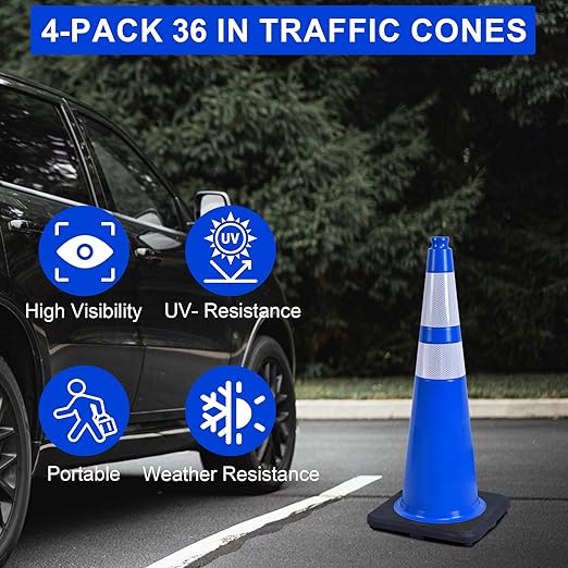 OrangeStar 36" Traffic Cones 4-Pack Blue Safety Cones with Reflective Collars, Heavy Duty Base for Construction, Parking Lot, Road Work, Flexible PVC, Indoor & Outdoor Use