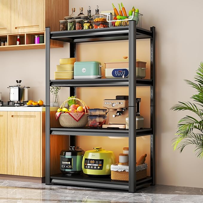 Storage Shelves, Garage Metal Shelving Unit, Adjustable, Double-Layer Column with Reinforced Ribs, Heavy-Duty, Capable of Bearing 600-3600 lbs (Black, 45''W*20''D*54''H, 4-Tier)