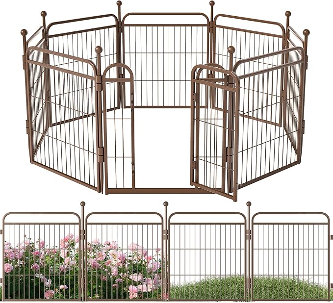 24 in(H) Decorative Garden Fence Outdoor for Yard with Gates,Heavy Duty Iron 8 Panels Total 14.7ft(L) Anti Dig Fence with Gravity Automatic Lock for Indoor/Outdoor Decorative Dog Fence,Brown
