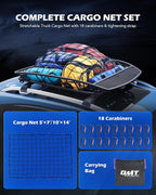 Orion Motor Tech 5x7 ft Heavy Duty Cargo Net for Pickups SUVs Vans Semis | 10x14ft Stretched Bungee Cord Net for Truck Bed Roof Rack Trailer More with Handmade Knotting, 18 Carabiners, Storage Bag