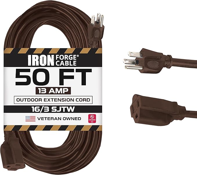 Iron Forge Cable Outdoor Brown Extension Cord 50 ft - 16 Gauge 13 Amp Heavy Duty Brown Outdoor Extension Cords 3 Prong - 16/3 SJTW - Great for Outdoor