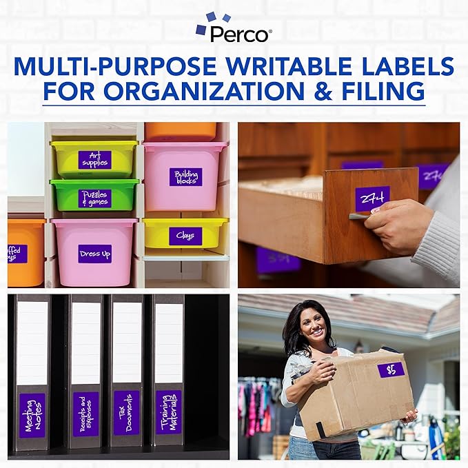 Perco Purple 3x5 Inch Perforated Sticker Labels — 150 Stickers/Roll — with Permanent Adhesive for Inventory Management, Color Coding, Moving Boxes, Retail, Organizing, Crafting & More — Made in USA