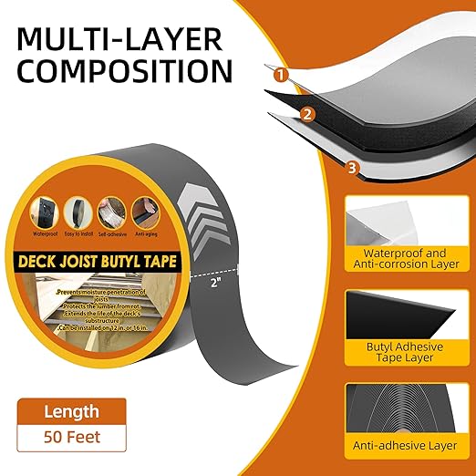 24 Pack Joist Tape for Decking, 2" x 50' Weather-Resistant Butyl Deck Joist Tape 2 inch, Self Adhesive Joist Deck Tape for Hardwood for Wood Decks Beams Roof