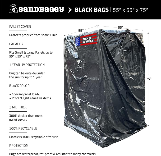 Sandbaggy Black Pallet Covers | Made in USA | Tarp Fits Large Pallets Up to 55" x 55" x 75" | Built w/ 1 Year UV Protection | Heavy Duty 3 Mil Thick Plastic (Pack of 25, 3 Mil Thick)