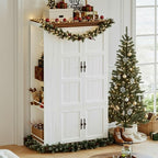 IRONCK Armoire Wardrobe Closet with Side Half Mirror, 70" Freestanding 4-Door Storage Cabinet for Bedroom, Features Side Hooks, Open Compartments, Hanging Rod & Shelves, White Armoire