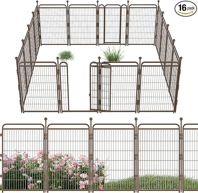 40 in(H) Decorative Garden Fence Outdoor for Yard with 2 Gates,Heavy Duty Iron 16 Panels Total 34.7ft(L) Anti Dig Fence with Gravity Automatic Lock for Indoor/Outdoor Decorative Dog Fence,Brown