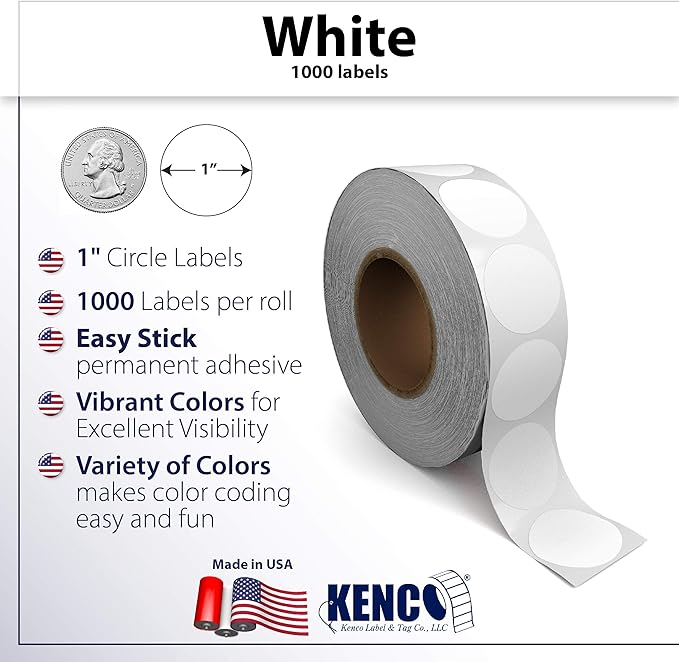 Kenco Color Coding Circle Dot Sticker Labels on a roll (White, 1 INCH 1000 Stickers)