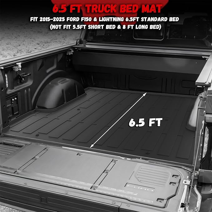 Truck Bed Mat Fit Ford F150 & Lightning 2015-2026 6.5FT Standard Bed (Not Fit 5.5FT/8FT), TPE All Weather Truck Bed Liner Cargo Liner F150 Accessories