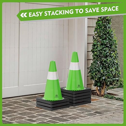 RoadHero 8 Pack Traffic Safety Cones 18 Inch with Black Weighted Base, Plastic PVC Lime Green Cone with Reflective Collar, Cones for Parking Lot, Construction Events, Road Safety