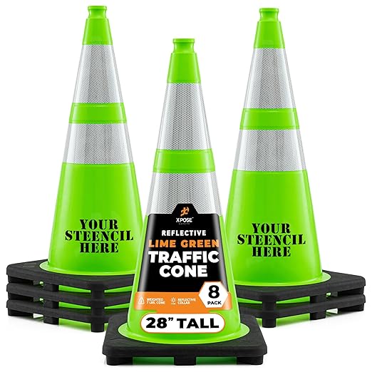 Xpose Safety 28” Lime Green Traffic Cone Dual 6" & 4" Reflective Collar – 8 Pack Multipurpose Premium PVC Safety Cone for Parking, Caution, Construction, Road Crews, Emergency Vehicle - DOT Approved