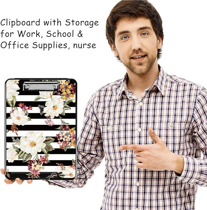 Clipboard with Storage, High Capacity Plastic Storage Clipboard with Low Profile Clip for Women Teachers Work, School & Office Supplies, Cute Pattern Decorative Clipboards, Flower