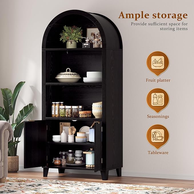 Arched Kitchen Pantry, 5-Tier Arched Cabinet with Fluted Doors, Display Cabinet with Open & Adjustable Shelves, Versatile Cupboard for Dining Room, Living Room, Black