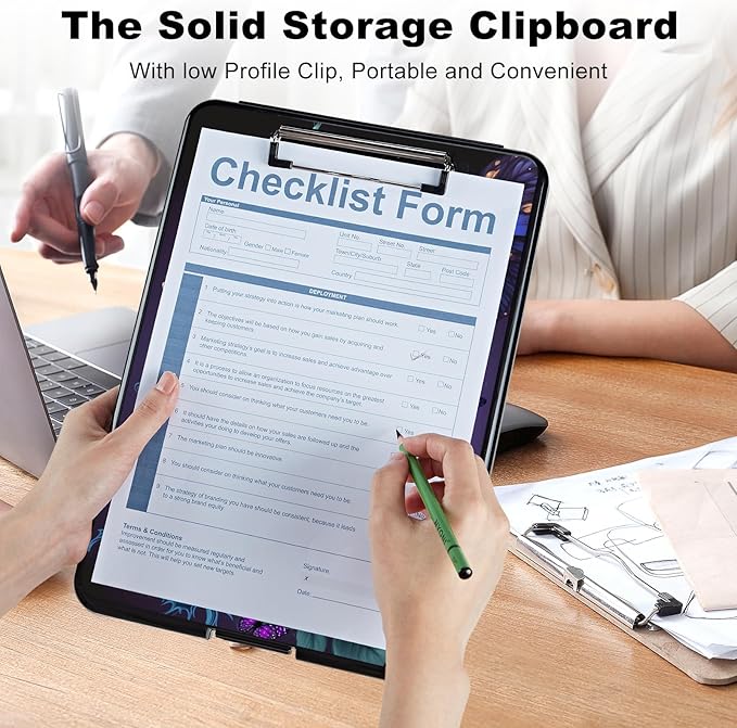 Plastic Storage Clipboard with Low Profile Clip, Heavy Duty Foldable, Coaches Clipboard Case for Work, Teacher, Office, School Supplies, Blue Pink Roses Butterfly
