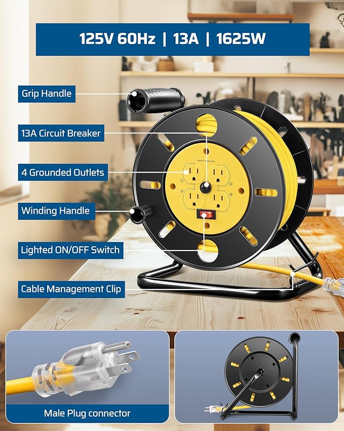 DEWENWILS Retractable Extension Cord Reel, 80FT Heavy Duty Open Cord Reel for Indoor Outdoor, 14/3 AWG SJTW, 4 Grounded Outlets, 13 Amp Circuit Breaker,Handle Rewind, Metal Stand, ETL Listed