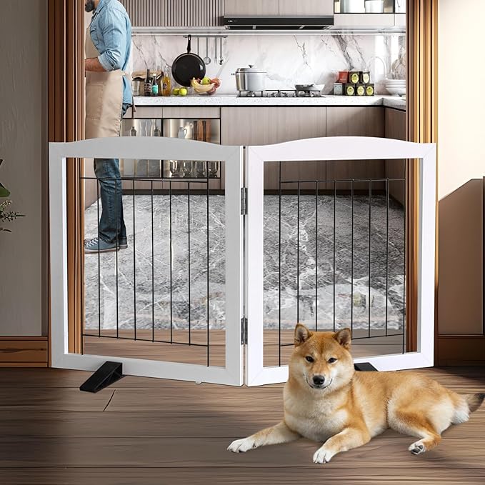 Dog Fence Indoor - 2-Panel Freestanding Dog Gate for Doorways, Hallways, House or Stairs -40x24-Inch Retractable Foldable Expandable Wood Pet by SFJC (White) ﻿
