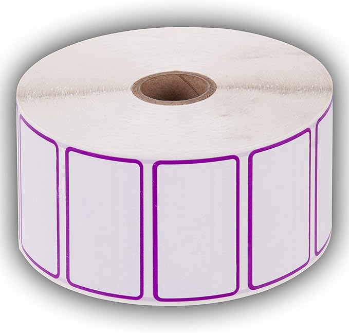 2.25" X 1.25" Direct Thermal Perforated Stickers Labels for Barcodes, Address, Consignment - Compatible with Zebra, Rollo, Godex and More (Purple Border, 12 Rolls)