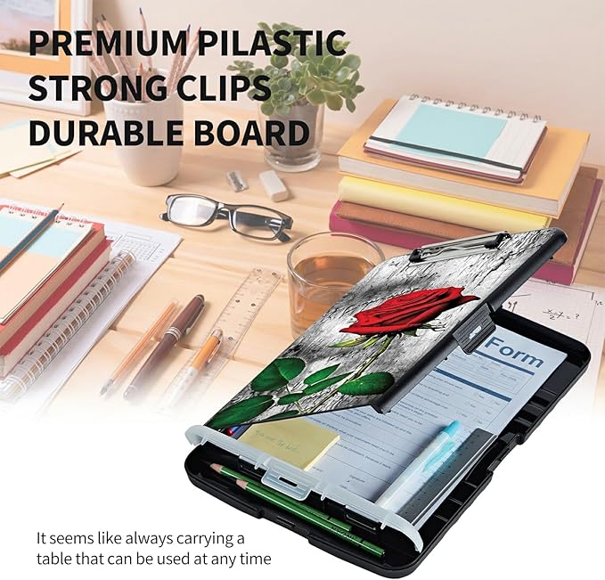 Clipboard with Storage High Capacity Plastic Nursing Clipboards with Pen Holder File Folder Storage Box Clipboard with Heavy Duty Clips for Teacher,Doctor,Offices-Elegant Red Rose