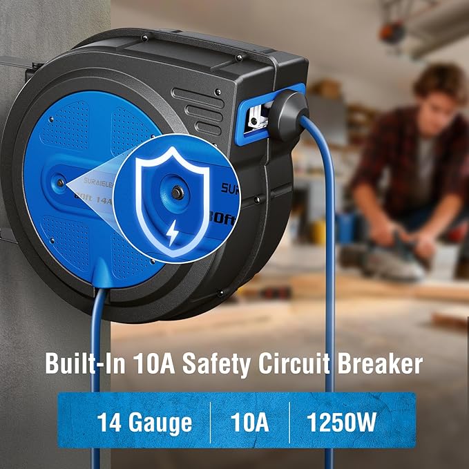 SURAIELEC 80 FT Retractable Extension Cord Reel, 14 AWG SJTOW Power Cord for Garage & Workshop, 10A Circuit Breaker, Wall/Ceiling Mount, Upgraded Anti-Tangle Roller Design, ETL Listed, Blue