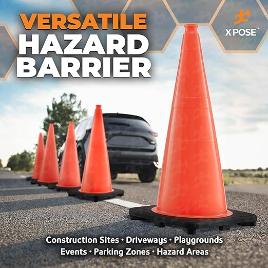 Xpose Safety 28 Inch Orange Traffic Cones, 6-Pack - Multipurpose PVC Plastic Safety Cone for Parking, Soccer, Caution, Kids and Construction - DOT Approved