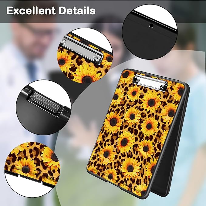 Clipboard with Storage,Office Supplies Nursing Clipboards Folder with Pen Holder Plastic Foldable Clip Board with Storage for Nurse Teacher,Sunflower Leopard Print