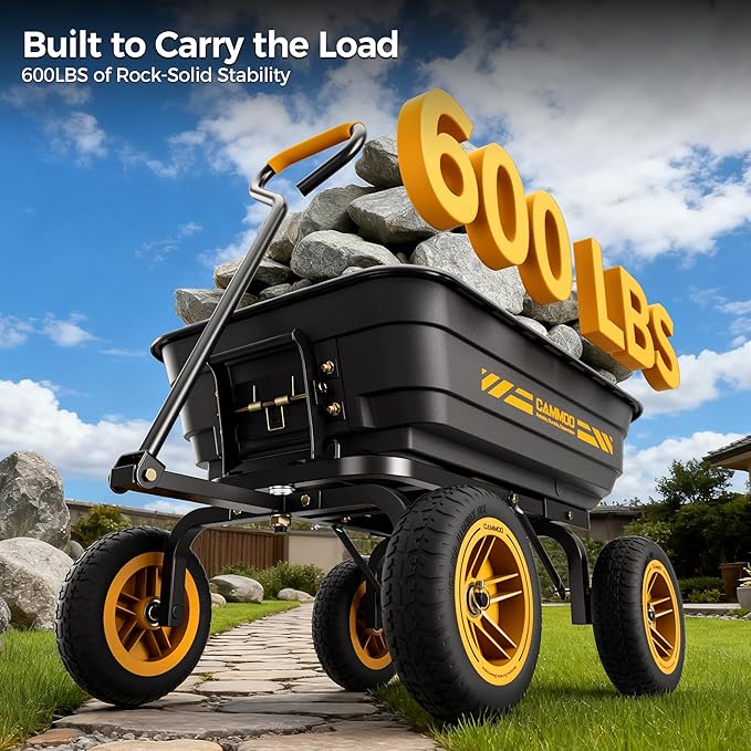10-in NO-FLAT TIRES 600lb Heavy-Duty Garden Dump Cart 4 Cu.Ft. Utility Wagon with Quick-Release Dumping & Prime Grade 100% Virgin Polypropylene - Not Recycled Material for Landscaping Gardening