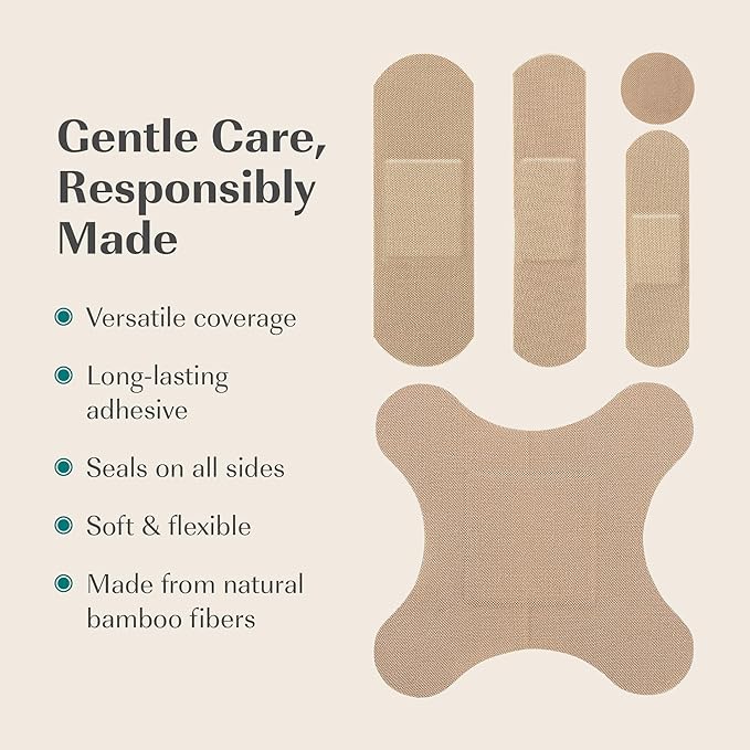 FEBU Eco-Friendly Bamboo Fabric Bandages | PFAS Free Bandages for Scrapes & Cuts | Flexible Fabric Bandage | Fully Compostable, Latex Free Bandage | 200 Count Bulk Variety