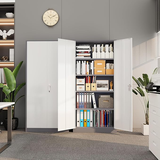 Superday Metal Storage Cabinet with Lock, 72" H Garage Storage Cabinet with Doors and 4 Adjustable Shelves,White Grey Steel Locking Cabinets for Office, Home, Garage, Gym, School