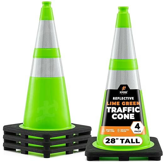 28” Lime Green Traffic Cone - Dual 6" & 4" Reflective Collar – 4 Pack - Multipurpose Premium PVC Safety Cone for Parking, Caution, Construction, Road Crews, Emergency Vehicle - Xpose Safety