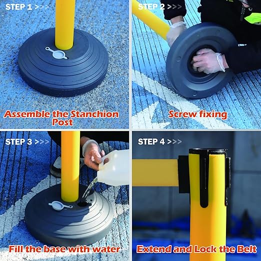 6 Pack Yellow Crowd Control Stanchions with 10FT Retractable Belts, Water Filled Base Posts, Barrier System for Lines, Events, and Public Spaces