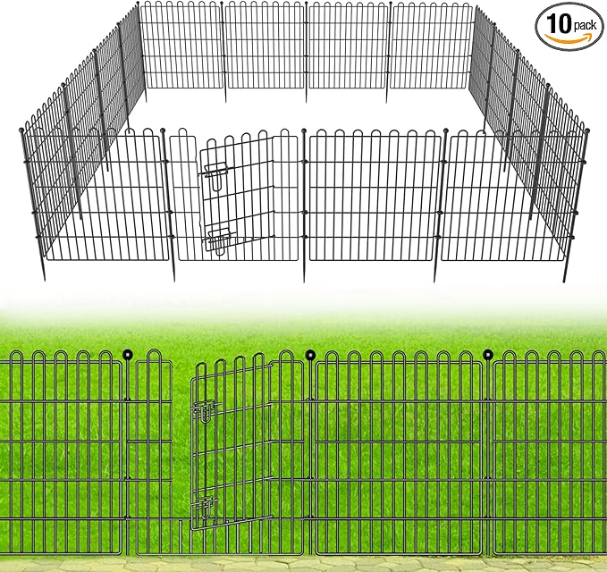 10 Panels No Dig Decorative Garden Fence with Gate for Yard, 24 in(H) X 20 ft(L) Animal Barrier Fencing for Outdoor Dog, Metal Portable Garden Fences for Borders, Pets, Landscape, Temporary Fence