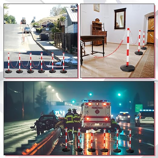 Konohan 12 Sets 34 Inch Parking Cone Delineators Post Traffic Cone Plastic Stanchion Set Stands Parking Barrier with Base 6.6 ft Chain S Hooks Reflective Collar (Red,White)