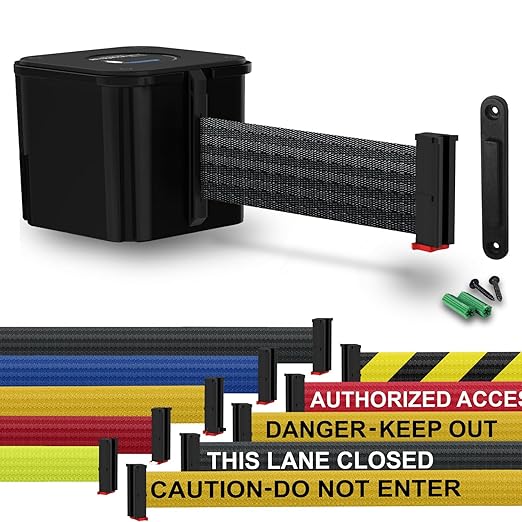 WM412 Retractable Belt Wall Mounted Smooth Black Crowd Control Barrier and Receiving End, 15' Black Belt
