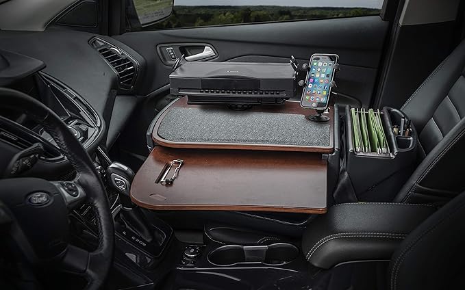 AutoExec AE-GMCD-PI-PM-PS-21M GripMaster Car Desk for Your Vehicle Workstation and Mobile Office, Mahogany with 400 watt Power Inverter, Phone Mount and Printer Stand