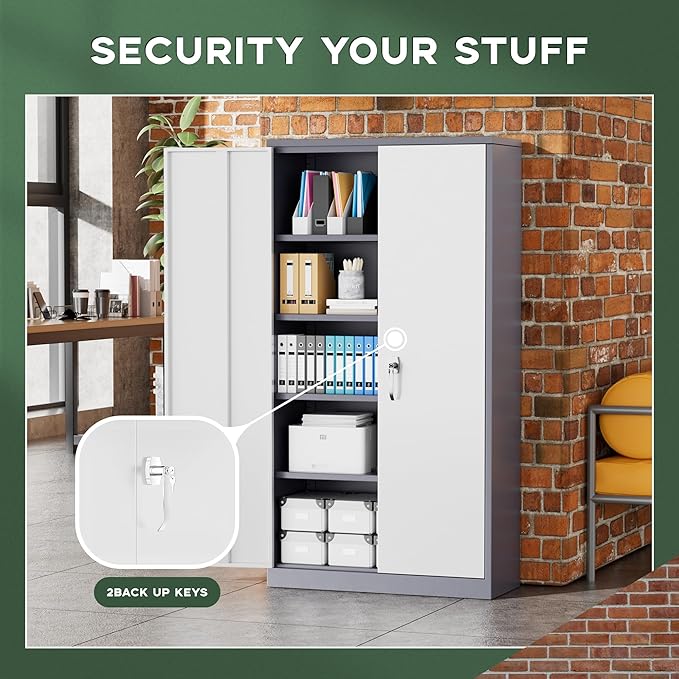 Greenvelly Metal Storage Cabinet, 72" Locking Metal Garage Storage Cabinet with Doors and 4 Adjustable Shelves, Lockable Steel Cabinet for Home Office, Garage, Shop, School (White Grey 32" W x 16" D)