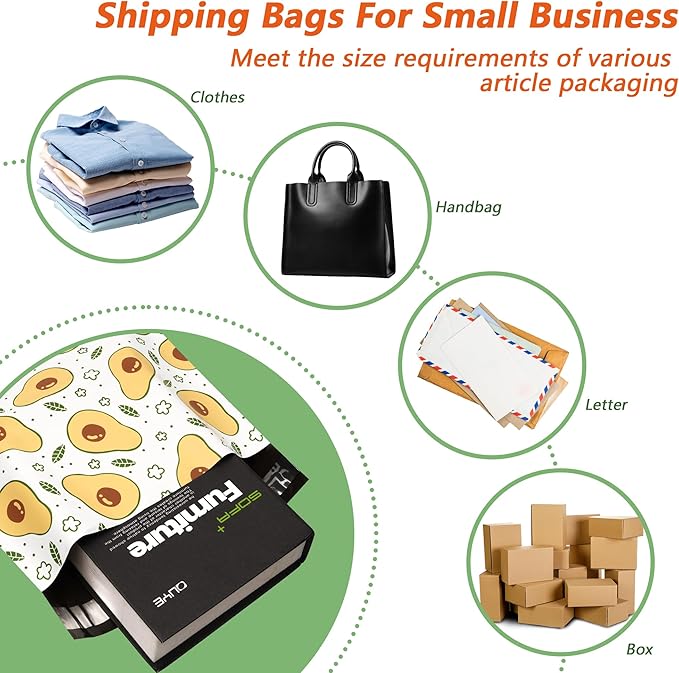 Poly Mailers 10x13 Inch 100 Pcs - Avocado printed Shipping Bags, 2.4mil Thickness, Waterproof and Tear Resistant Mailing Envelopes, Self-Sealing Packaging Bags for Small Business